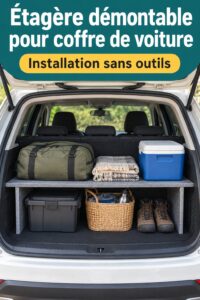 Étagère démontable installée dans le coffre d'une voiture, optimisant l'espace de rangement.
