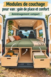 Un van aménagé avec des modules de couchage confortables et des rangements pratiques.