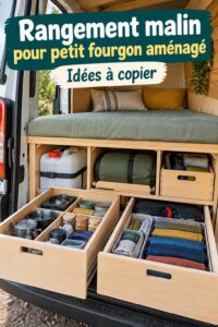 Intérieur d'un van bien rangé, montrant des solutions pratiques de rangement.
