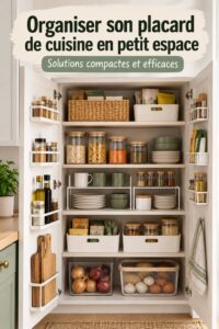 Placard de cuisine organisé avec des étagères et des paniers dans un petit espace