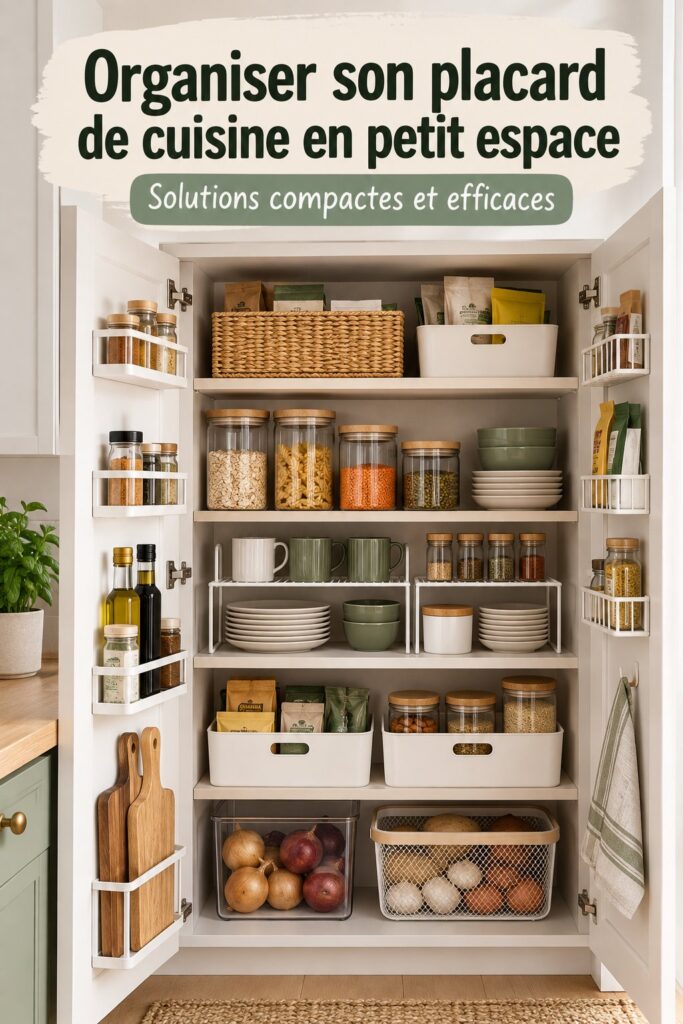 Placard de cuisine organisé avec des étagères et des paniers dans un petit espace