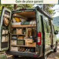 Un van bien organisé avec des espaces de rangement optimisés, montrant une cuisine pratique et accueillante.