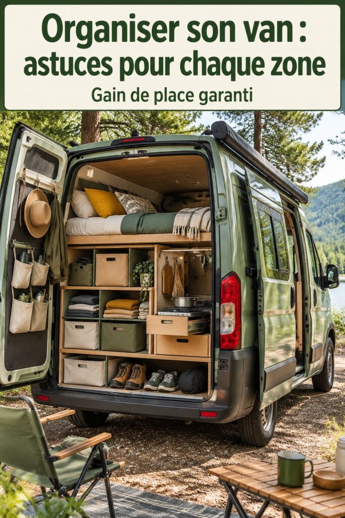 Un van bien organisé avec des espaces de rangement optimisés, montrant une cuisine pratique et accueillante.