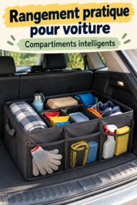 Vue d'un coffre de voiture parfaitement organisé avec des bacs et des poches pratiques.