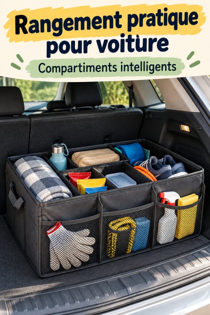 Vue d'un coffre de voiture parfaitement organisé avec des bacs et des poches pratiques.