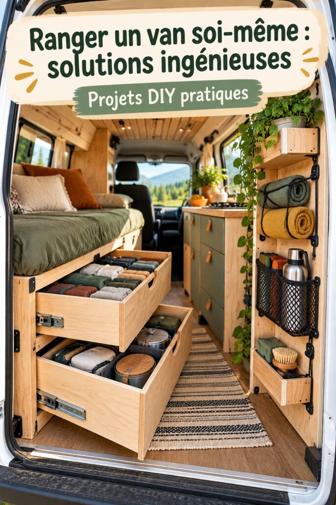 Aménagement pratique et ingénieux d'un van avec des solutions de rangement personnalisées.