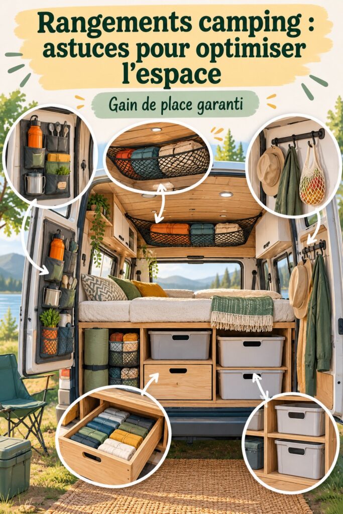 Espace de camping bien rangé avec des équipements organisés et accessibles.