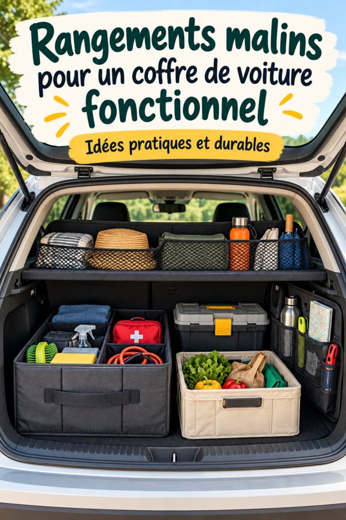 Un coffre de voiture bien organisé avec des rangements astucieux et pratiques.