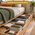 Un camping-car bien organisé avec un espace sous le lit optimisé.
