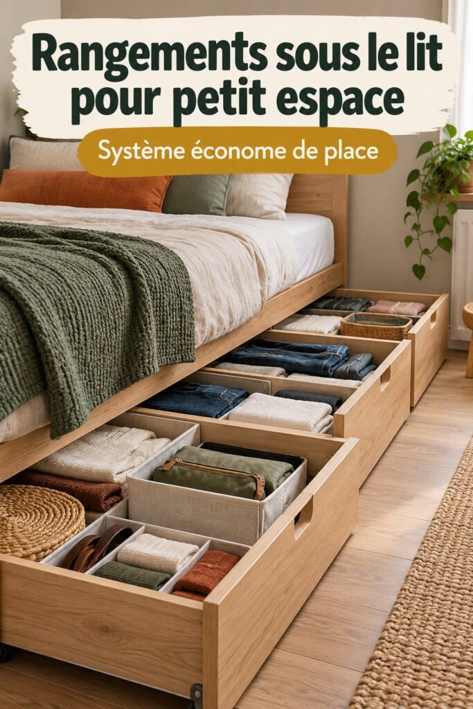 Un camping-car bien organisé avec un espace sous le lit optimisé.