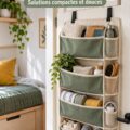 Exemples de rangement en tissu souple dans un petit espace cosy.
