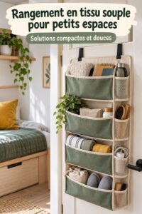 Exemples de rangement en tissu souple dans un petit espace cosy.