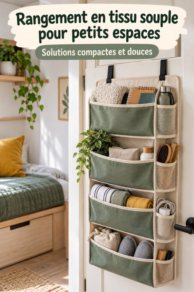 Exemples de rangement en tissu souple dans un petit espace cosy.