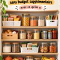 Garde-manger bien organisé avec des bocaux et des étiquettes