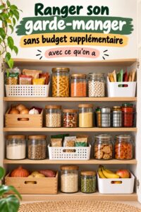 Garde-manger bien organisé avec des bocaux et des étiquettes
