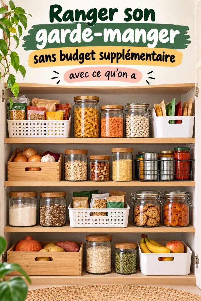 Garde-manger bien organisé avec des bocaux et des étiquettes