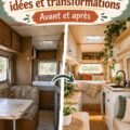 Transformation d'un vieux camping-car en un espace chaleureux et pratique, aménagé avec des couleurs douces et du mobilier fonctionnel.