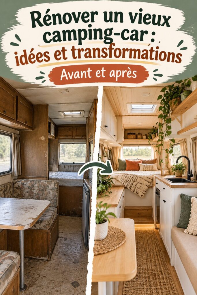 Transformation d'un vieux camping-car en un espace chaleureux et pratique, aménagé avec des couleurs douces et du mobilier fonctionnel.
