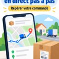 Une femme utilisant son smartphone pour suivre un colis en ligne, symbolisant la technologie de suivi de livraison.