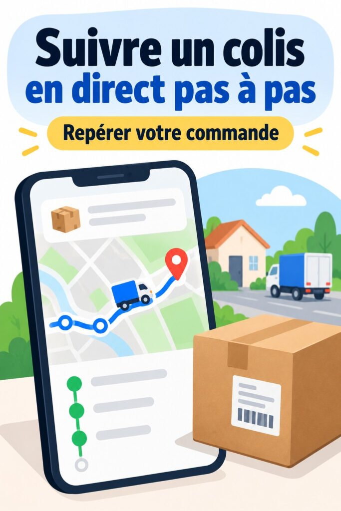 Une femme utilisant son smartphone pour suivre un colis en ligne, symbolisant la technologie de suivi de livraison.