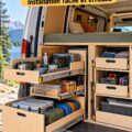 Un van aménagé avec un système de rangement coulissant bien organisé.