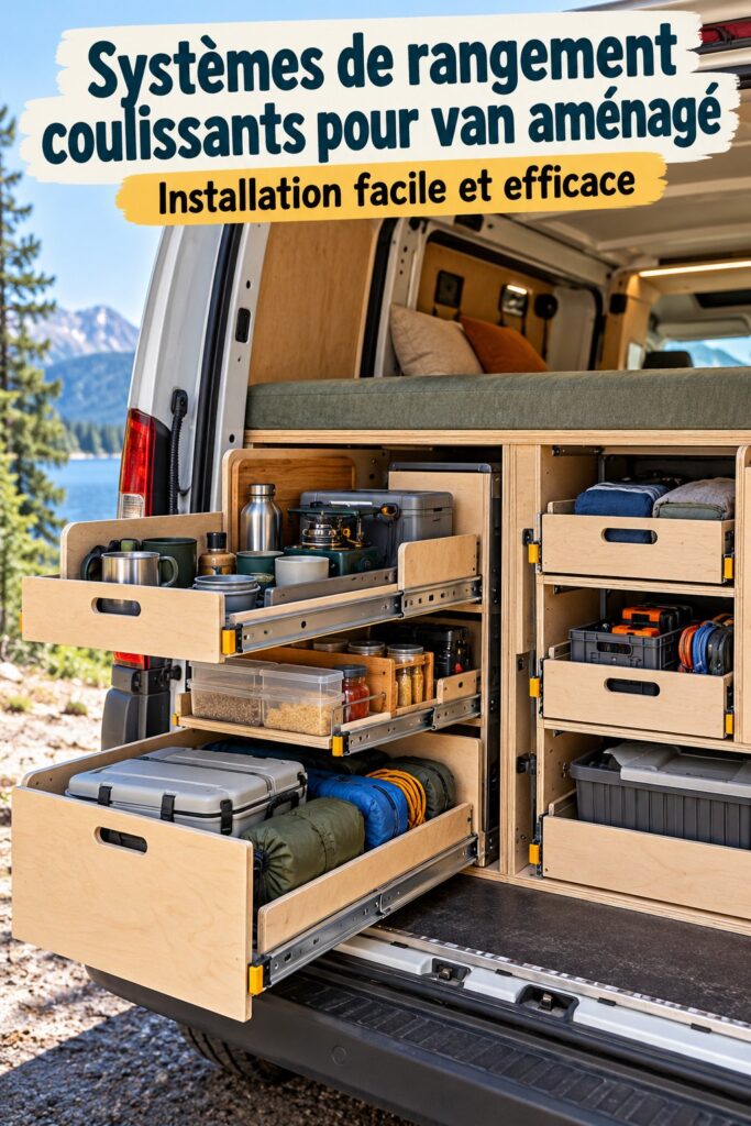 Un van aménagé avec un système de rangement coulissant bien organisé.